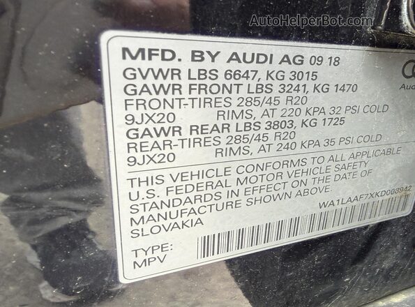 WA1LAAF7XKD008942 2019 AUDI Q7 Черный Вид наклейки с VIN-кодом