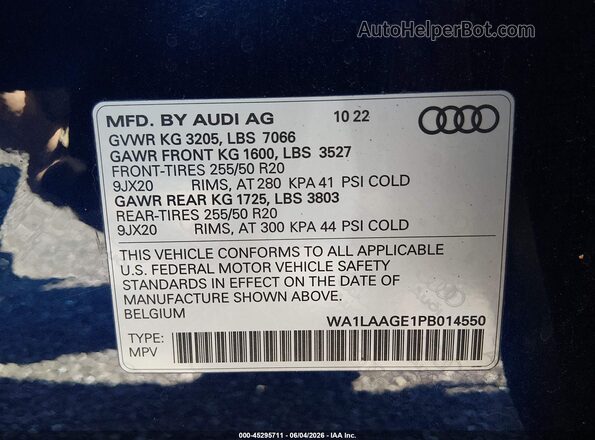 WA1LAAGE1PB014550 2023 AUDI E-TRON Blue Շարժիչի բաժամունքի տեսք