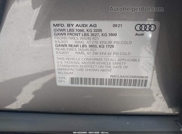 WA1LAAGE2NB009838 2022 AUDI E-TRON Gray 