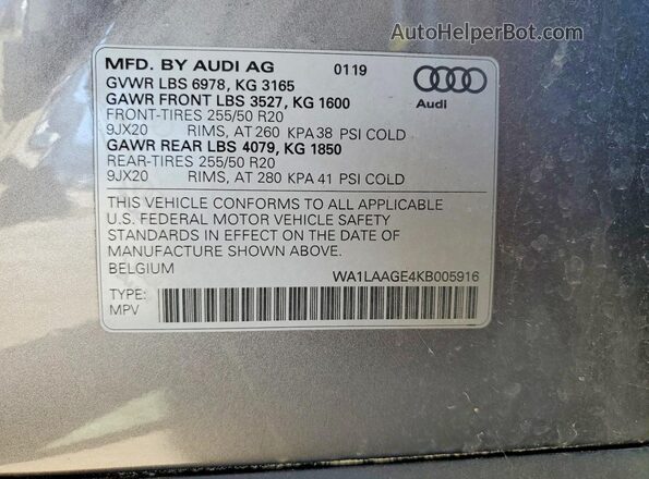 WA1LAAGE4KB005916 2019 AUDI E-TRON Gray VIN sticker view