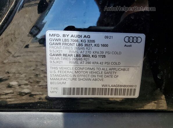 WA1LAAGE6NB009910 2022 AUDI E-TRON Black Widok naklejki z numerem VIN