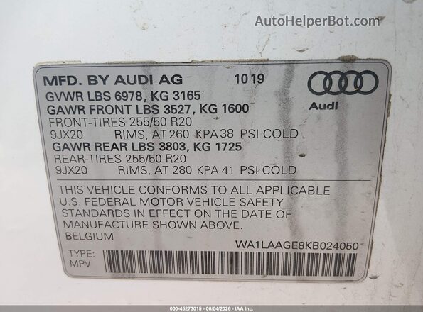 WA1LAAGE8KB024050 2019 AUDI E-TRON Белый Вид подкапотного пространства
