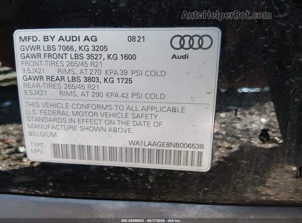 WA1LAAGE8NB006538 2022 AUDI E-TRON Black Вид підкапотного простору