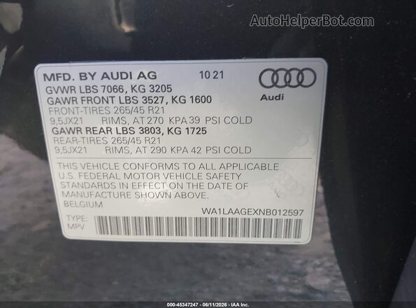 WA1LAAGEXNB012597 2022 AUDI E-TRON Gray Widok komory silnika
