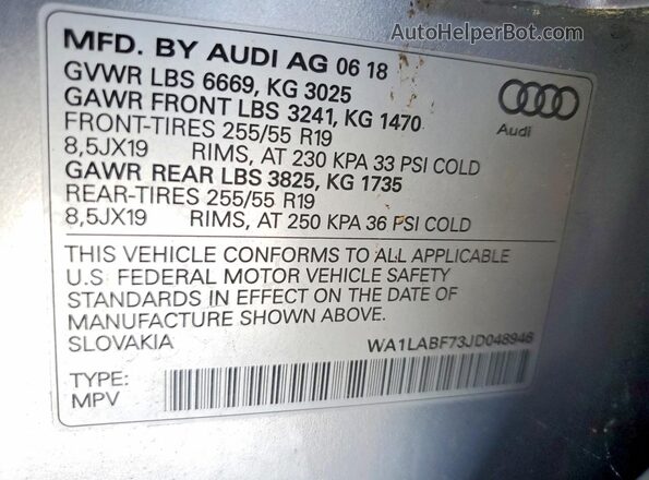 WA1LABF73JD048946 2018 AUDI Q7 Silver VIN կոդի պիտակի տեսք