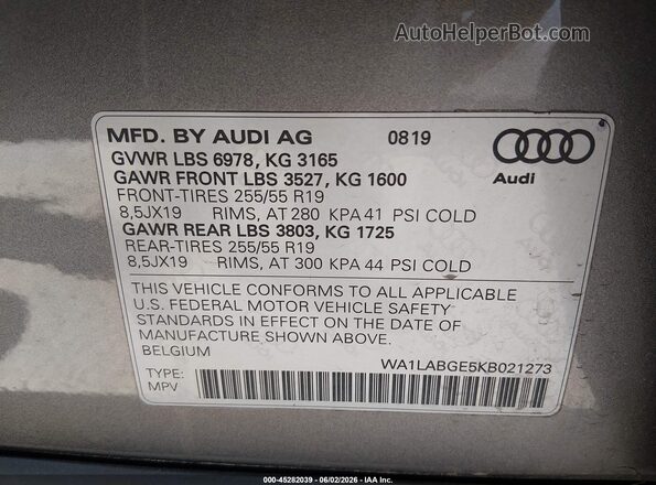 WA1LABGE5KB021273 2019 AUDI E-TRON Silver Widok komory silnika