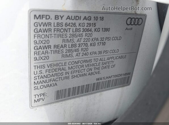 WA1LHAF70KD014566 2019 AUDI Q7 White ძრავის განყოფილების ხედი