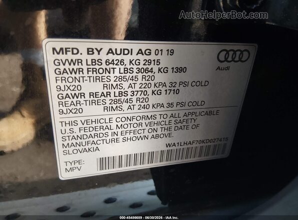 WA1LHAF70KD027415 2019 AUDI Q7 Black Widok komory silnika