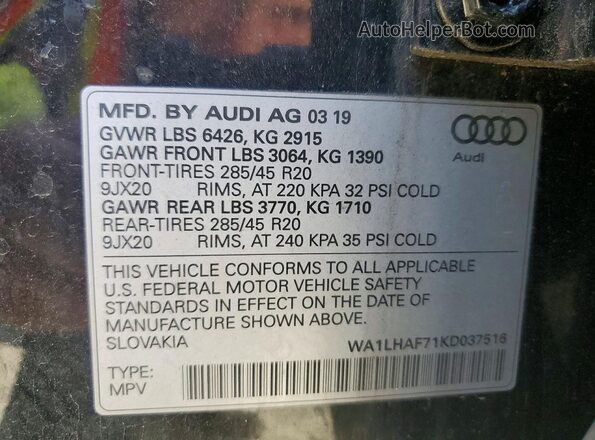 WA1LHAF71KD037516 2019 AUDI Q7 Black Widok naklejki z numerem VIN