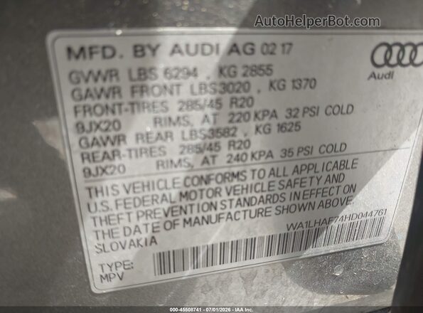 WA1LHAF74HD044761 2017 AUDI Q7 Gray ძრავის განყოფილების ხედი