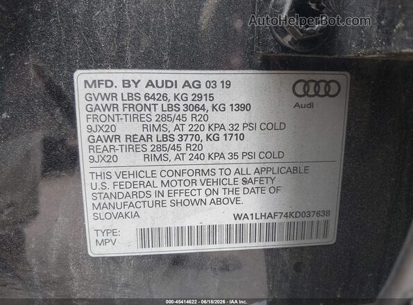 WA1LHAF74KD037638 2019 AUDI Q7 Black Շարժիչի բաժամունքի տեսք
