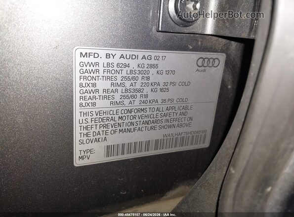 WA1LHAF75HD045188 2017 AUDI Q7 Gray Engine compartment view