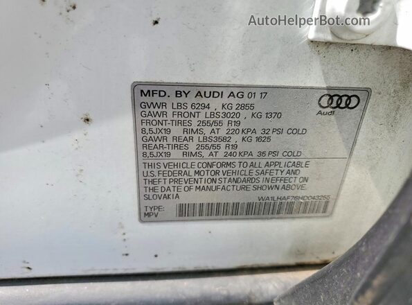 WA1LHAF76HD043255 2017 AUDI Q7 White Вид наклейки з VIN-кодом