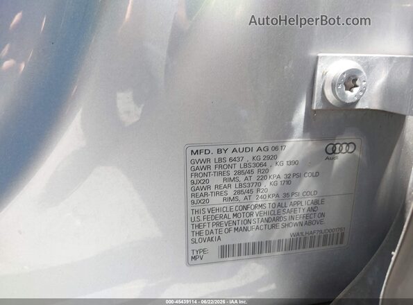 WA1LHAF79JD001751 2018 AUDI Q7 Silver Vista del compartimento del motor
