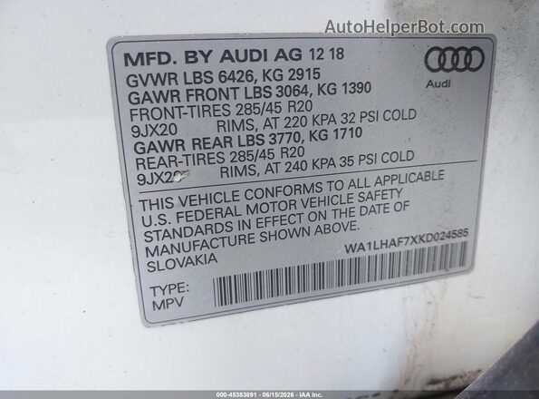 WA1LHAF7XKD024585 2019 AUDI Q7 Белый Вид подкапотного пространства