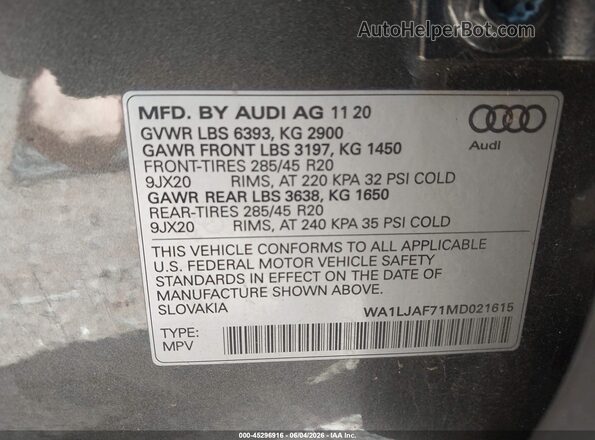 WA1LJAF71MD021615 2021 AUDI Q7 Gray Widok komory silnika