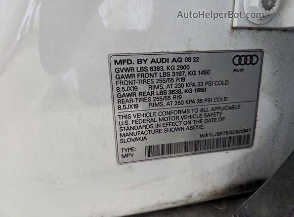 WA1LJBF75ND022841 2022 AUDI Q7 White VIN կոդի պիտակի տեսք