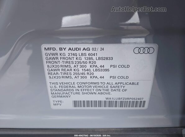 WA1LUBFZ0RP052407 2024 AUDI Q4 Gray Widok komory silnika