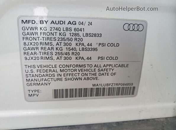 WA1LUBFZ7RP064859 2024 AUDI Q4 White Widok naklejki z numerem VIN