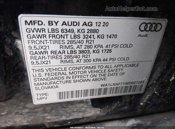 WA1LXAF71MD027283 2021 AUDI Q7 Черный Вид подкапотного пространства