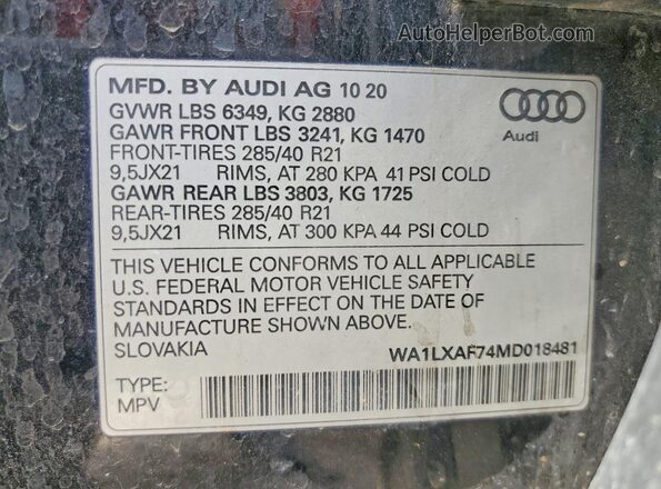 WA1LXAF74MD018481 2021 AUDI Q7 Black VIN კოდის სტიკერის ხედი