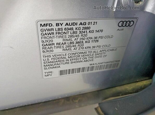 WA1LXAF74MD027939 2021 AUDI Q7 Серебряный Панорамный вид салона 360°