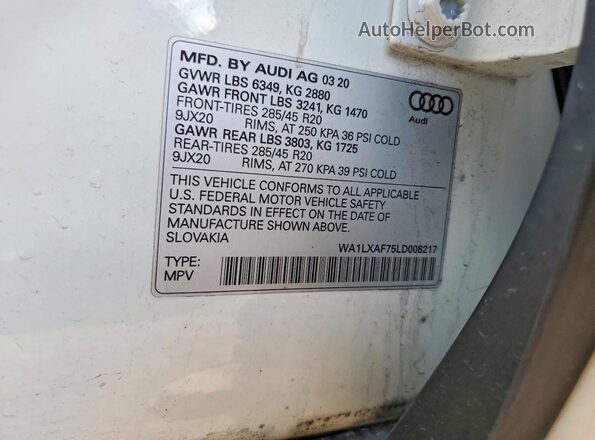 WA1LXAF75LD008217 2020 AUDI Q7 White Vista interior de 360 grados