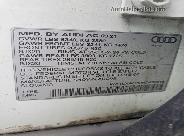 WA1LXAF75MD036018 2021 AUDI Q7 White VIN կոդի պիտակի տեսք