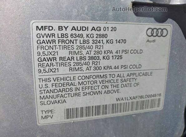 WA1LXAF76LD004516 2020 AUDI Q7 Silver Vista de la etiqueta del VIN
