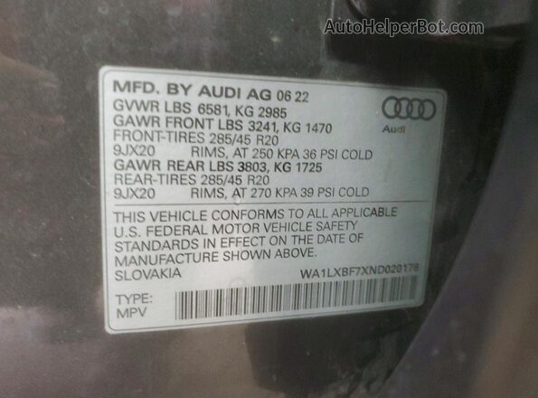 WA1LXBF7XND020176 2022 AUDI Q7 Gray Vista de la etiqueta del VIN