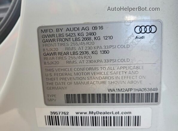 WA1M2AFP1HA053649 2017 AUDI Q5 White VIN sticker view