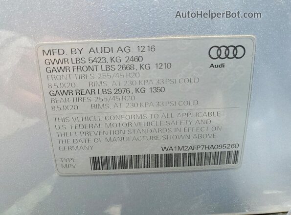 WA1M2AFP7HA095260 2017 AUDI Q5 Silver VIN կոդի պիտակի տեսք