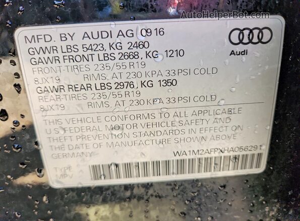 WA1M2AFPXHA056291 2017 AUDI Q5 Черный Вид наклейки с VIN-кодом