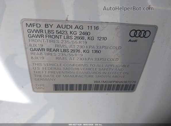 WA1M2AFPXHA087279 2017 AUDI Q5 White ძრავის განყოფილების ხედი