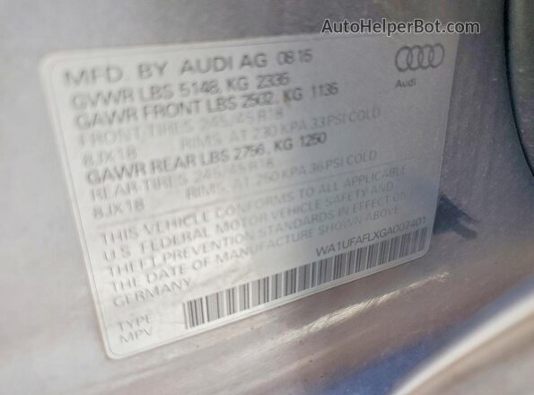 WA1UFAFLXGA007401 2016 AUDI A4 Gray VIN կոդի պիտակի տեսք