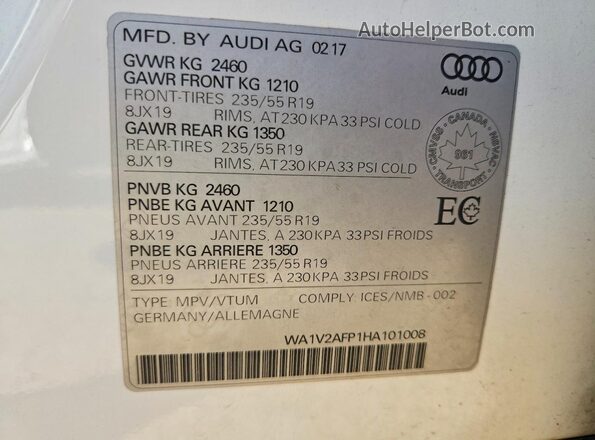 WA1V2AFP1HA101008 2017 AUDI Q5 White VIN կոդի պիտակի տեսք