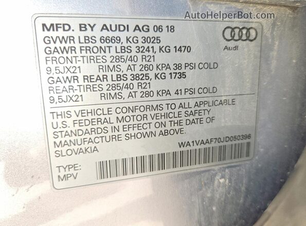 WA1VAAF70JD050396 2018 AUDI Q7 Silver VIN կոդի պիտակի տեսք
