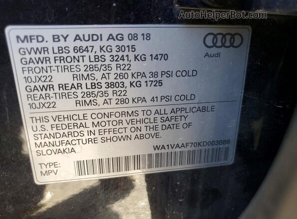WA1VAAF70KD003886 2019 AUDI Q7 Black VIN კოდის სტიკერის ხედი