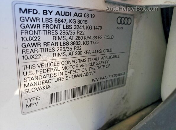 WA1VAAF71KD036573 2019 AUDI Q7 White VIN կոդի պիտակի տեսք