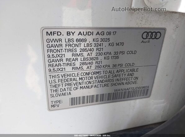 WA1VAAF72JD009624 2018 AUDI Q7 White Widok komory silnika