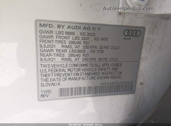 WA1VAAF72JD020249 2018 AUDI Q7 White Вид підкапотного простору