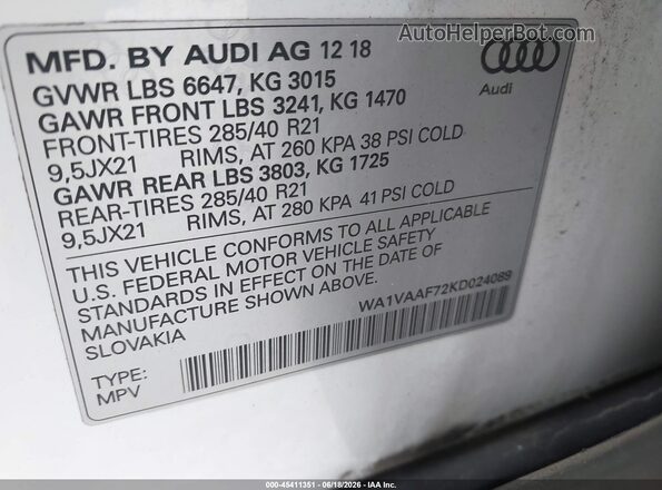 WA1VAAF72KD024089 2019 AUDI Q7 Белый Вид подкапотного пространства