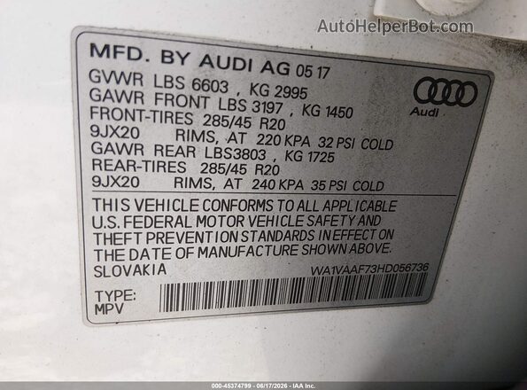 WA1VAAF73HD056736 2017 AUDI Q7 White Engine compartment view