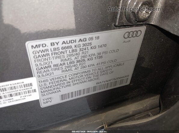 WA1VAAF73JD044303 2018 AUDI Q7 Gray Вид підкапотного простору