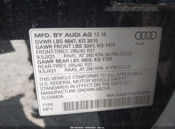 WA1VAAF77KD023455 2019 AUDI Q7 Black უკანა სავარძლების ხედი
