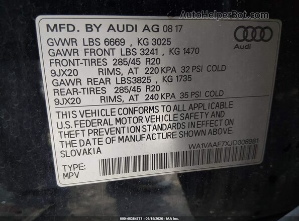 WA1VAAF7XJD008981 2018 AUDI Q7 Blue Вид підкапотного простору