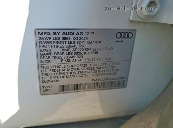 WA1VAAF7XJD027823 2018 AUDI Q7 White VIN კოდის სტიკერის ხედი