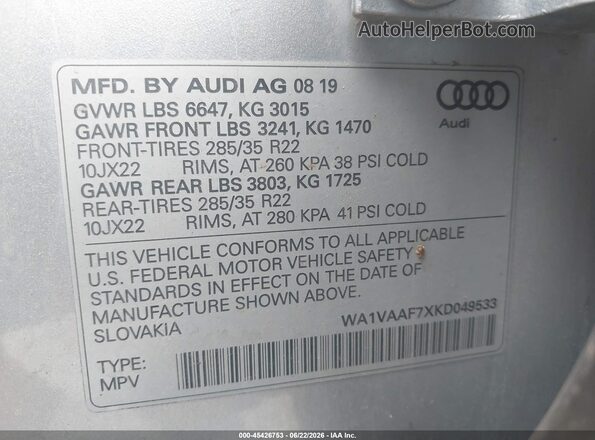 WA1VAAF7XKD049533 2019 AUDI Q7 Silver Вид підкапотного простору