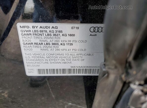 WA1VAAGE0KB020535 2019 AUDI E-TRON Black Вид наклейки з VIN-кодом