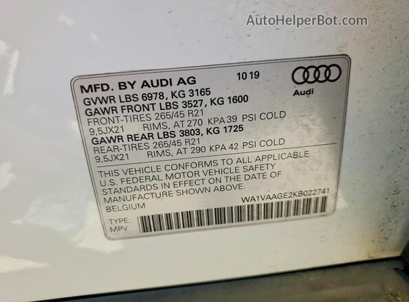 WA1VAAGE2KB022741 2019 AUDI E-TRON White VIN կոդի պիտակի տեսք